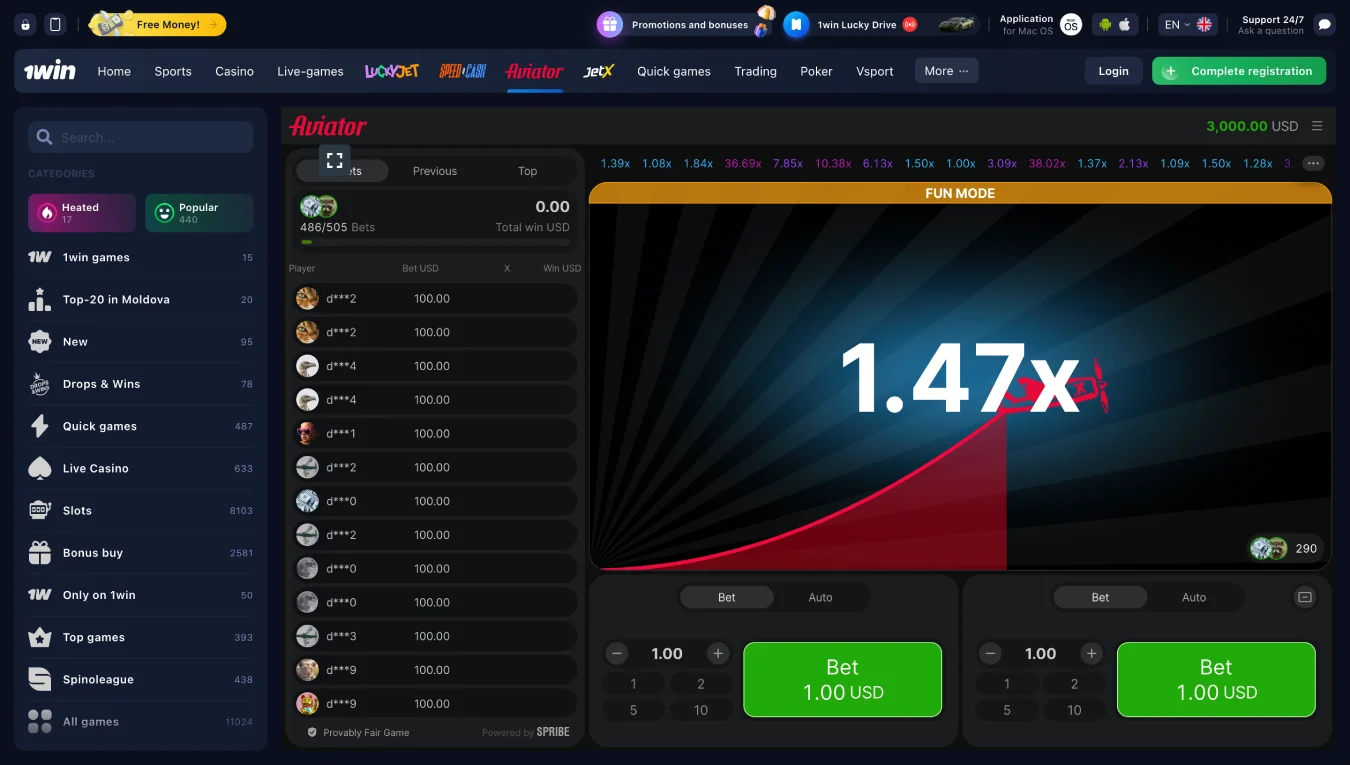 Play Aviator at 1Win online casino