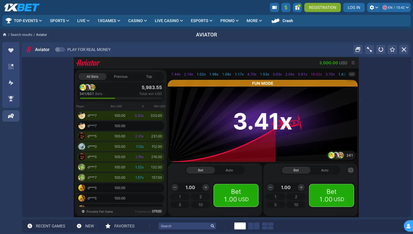 Aviator game at 1xBet online casino