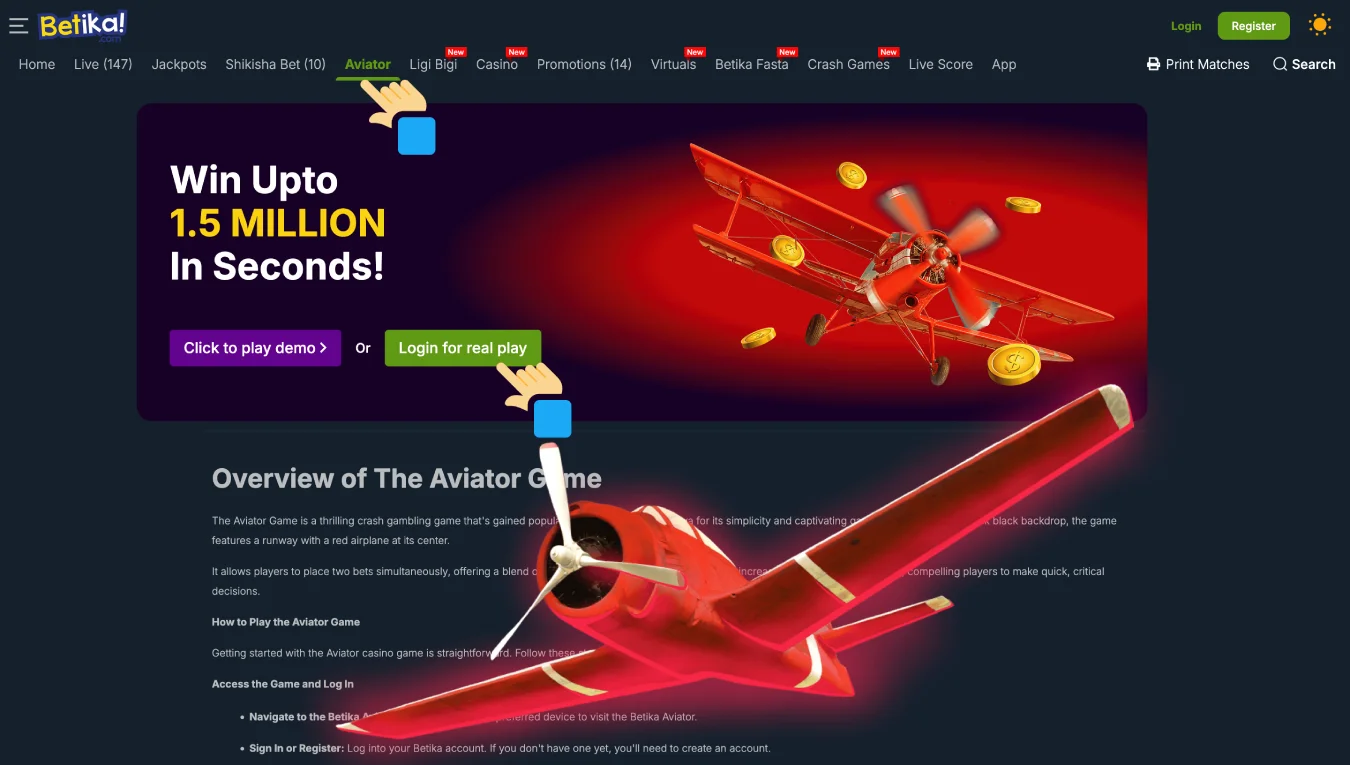 Play Aviator online on the official Betika casino website