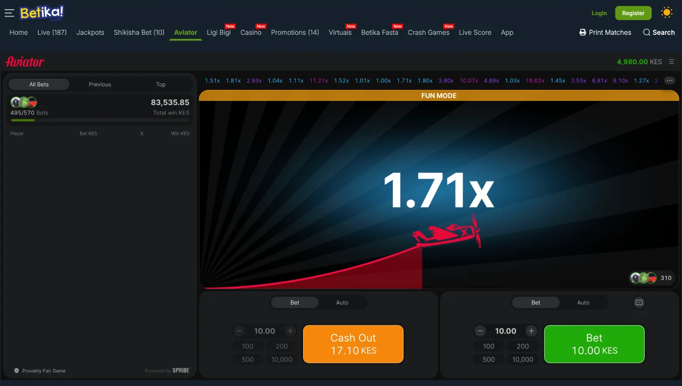 Aviator game at Betika online casino