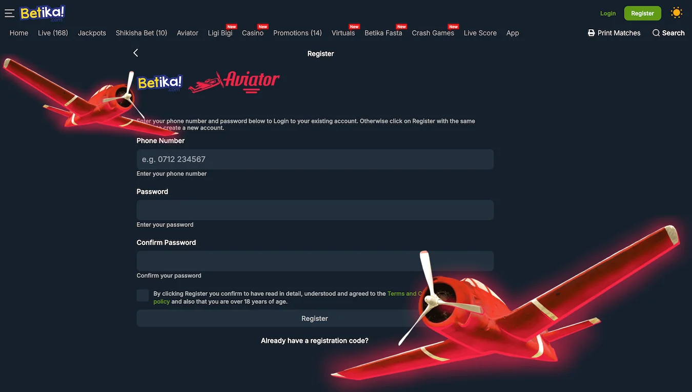 Registration at Betika online casino