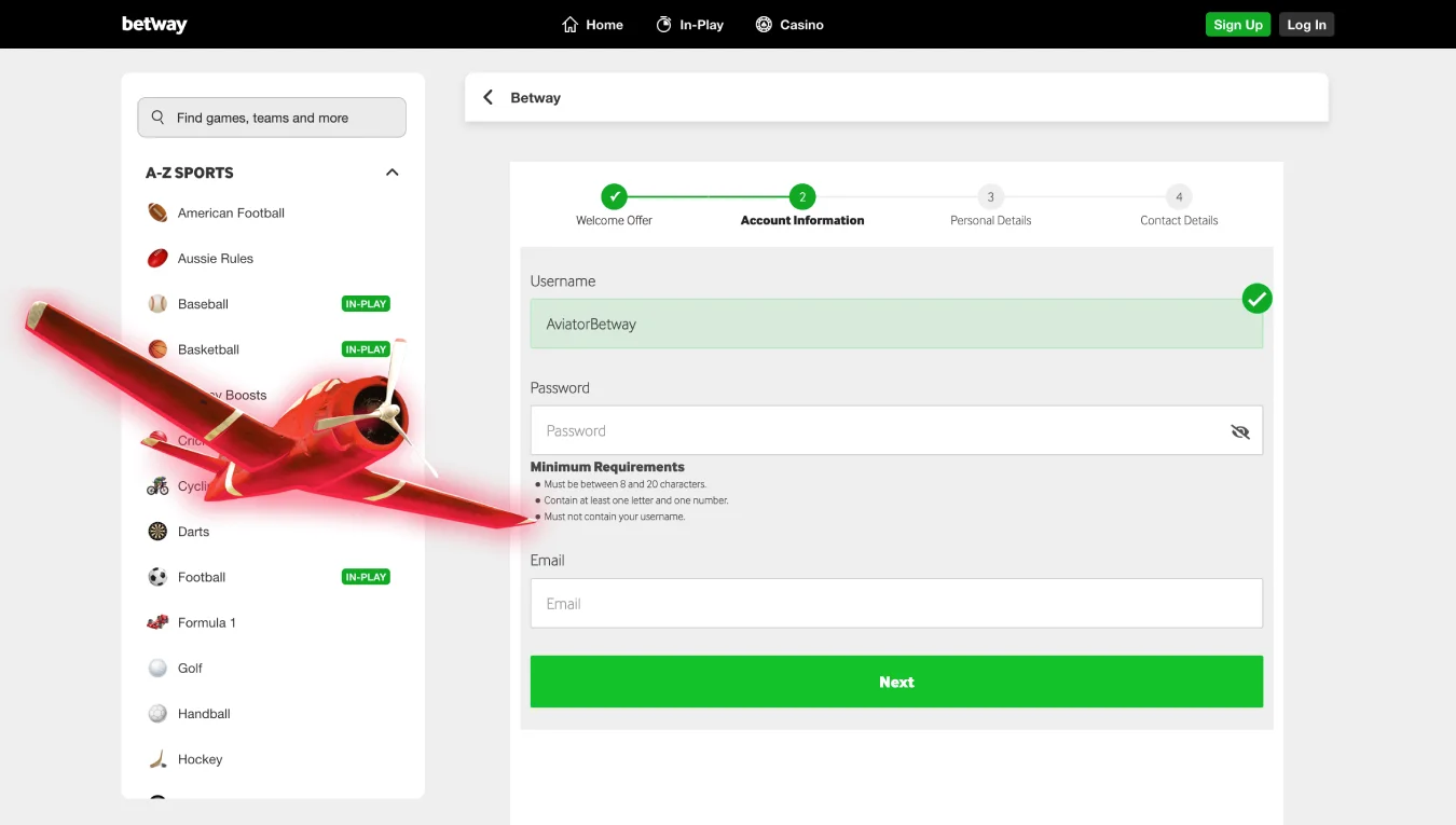 Registration on the official Betway website