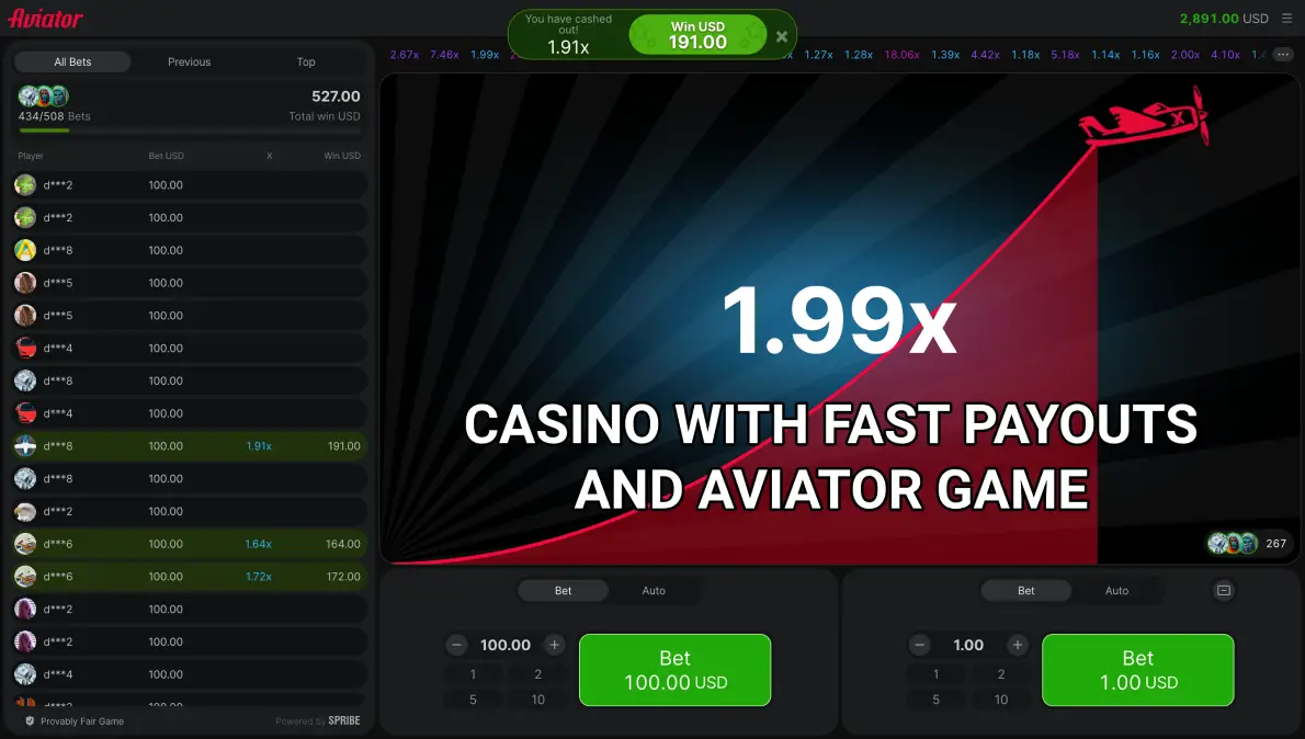 Casino with fast payouts and Aviator game